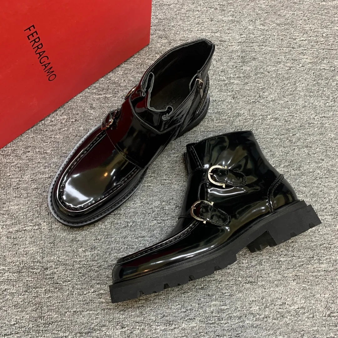 Men's shoes 💰960 🎁🎁🎁😈[Ferragamo] Men's high-top boots, the latest hot style, 1:1 original purchase quality, top quality, imported cowhide for the uppers, imported cowhide for the lining and feet, with original lightweight foam outsole, matching code 39-44, (38, 45 custom-made, non-refundable)
